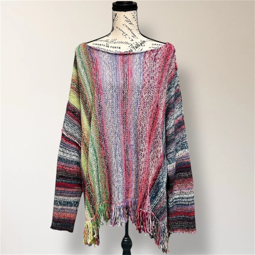 Free‎ People Rainbow Sprite Fringe Poncho Sweater L Oversized Boho Knit NWT $228